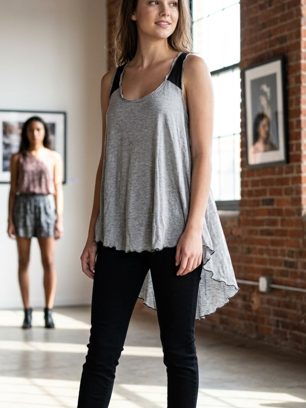 Relaxed Gray High-Low Tank Top with Scoop Neck